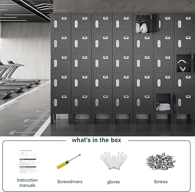 Metal Lockers - 66" Height Steel Lockers for Employees with 5 Door Storage Locker with Card Slot for Employees Gym School Home Office Garage - Assembly Required