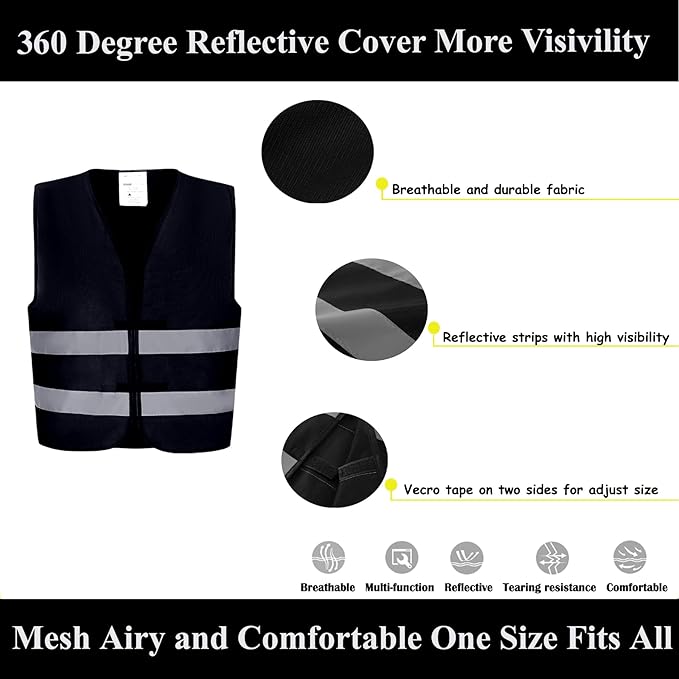 Black Safety Vests 20 Pack - Reflective High Visibility Construction ANSI Class 2 Work Vests for Men,Woman,Hi Vis Mesh and Neon Silver Strip