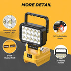 2Pack 6000 Lumen LED Work Light Compatible with Dewalt 20V Max Battery, Cordless Jobsite Flood Light with Dual USB-A Charging Ports, Bright Portable Outdoor Flashlight (Battery Not Included)