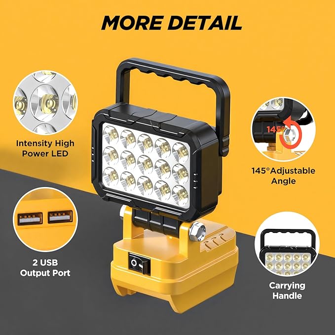 2Pack 6000 Lumen LED Work Light Compatible with Dewalt 20V Max Battery, Cordless Jobsite Flood Light with Dual USB-A Charging Ports, Bright Portable Outdoor Flashlight (Battery Not Included)