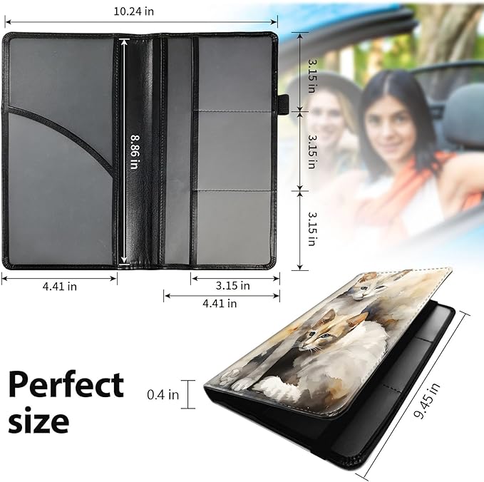 Car Registration and Insurance Holder, Leather Car Glove Box Organizer, Cool Car Accessories for ID, Driver's License Cards & Essential Document,business cards,Men&Women,Cat Gray
