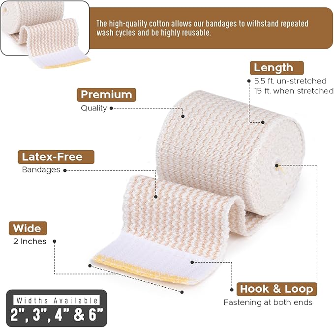 Premium Elastic Bandage Wrap (2” Wide, 50 Pack) - Nexskin Latex Free Athletic/Medical Compression Bandages Hook & Loop Fasteners at Both Ends - Lifetime Washable & Reusable Bandages