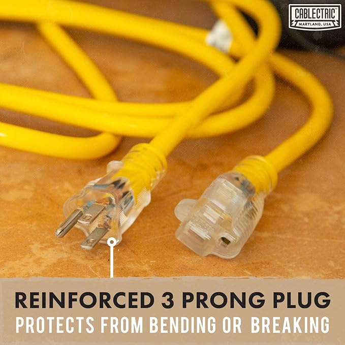 12 Gauge Outdoor Extension Cord 50 ft, 12/3 Heavy Duty Extension Cord 3 Prong Lighted End 50 Foot, SJTW Weatherproof Industrial Electrical Cable for Major Appliances, Proudly American Brand