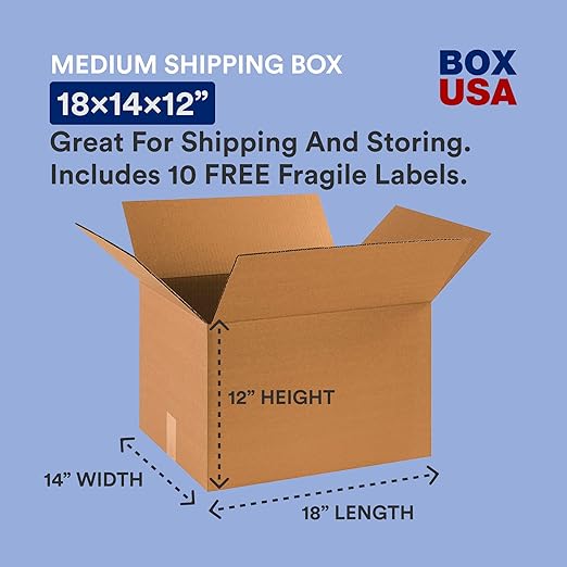 BOX USA Moving Boxes Medium 18"L x 14"W x 12"H 20-Pack - Corrugated Cardboard Box for Shipping, Mailing, Packing, Packaging and Storage 18x14x12