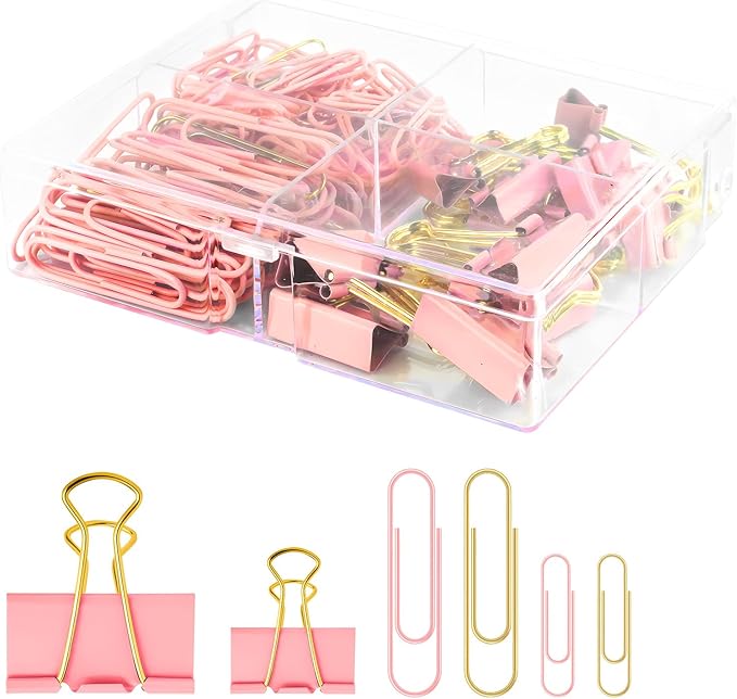Cute Paper Clips Binder Clips Combo Set, 165 Psc, Assorted Size Paper Clips for Office, Cute Office Supplies Set, Pink