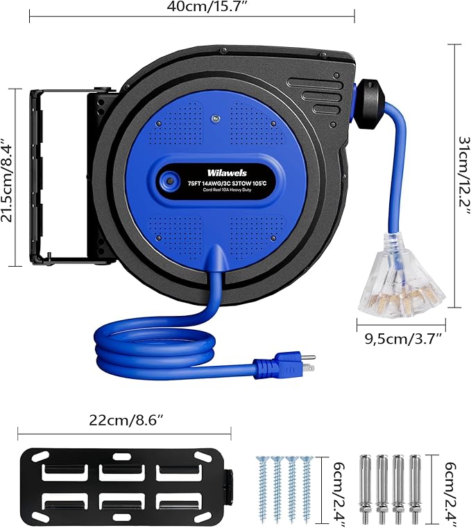 75 FT Retractable Extension Cord Reel, Heavy Duty Extension Cord, 14AWG/3C SJTOW, 3 Grounded Outlets Lighted Triple Tap, 10A Circuit Breaker, Wall/Ceiling Mounted, ETL Listed, Blue U75ACR06