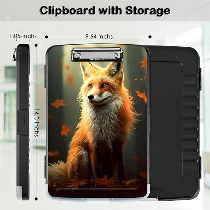 Clipboard with Storage,Office Supplies Nursing Clipboards Folder with Pen Holder Plastic Storage ClipBoard Foldable for Teacher Nurse,Maple Leaf Fox