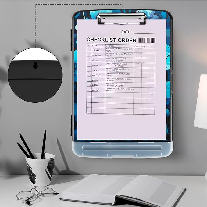 Clipboard with Storage,Storage Clipboard with Pen Holder,Heavy Duty Plastic Storage Clipboard with Low Profile Clip, Clipboard Folder, Teacher Must Haves, Office Supplies,Blue Flowers