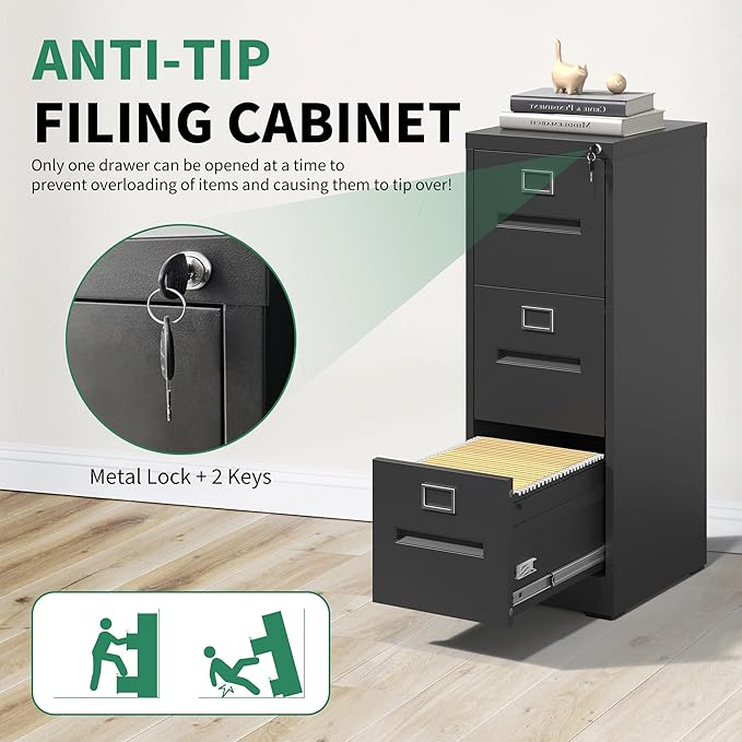 Black Metal File Cabinet with 3 Drawer,Vertical File Cabinet with Lock for A4/Letter/Legal Size Files,Steel Filing Cabinets for Home Office,Assembly Required