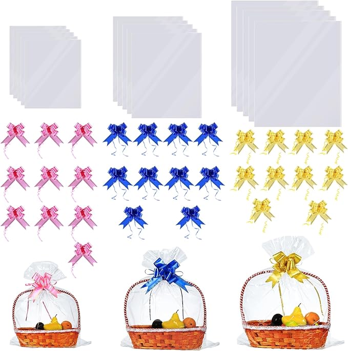 30 Packs Large Clear Cellophane Bags 14x20 18x24 24x30 Inches Jumbo Gift Basket Wraps Extra-large Transparent Plastic Bags for Fruit Basket, Gift Wrap, Treats, Arts and Crafts, 30 pcs Pull Ribbon Bow Ties