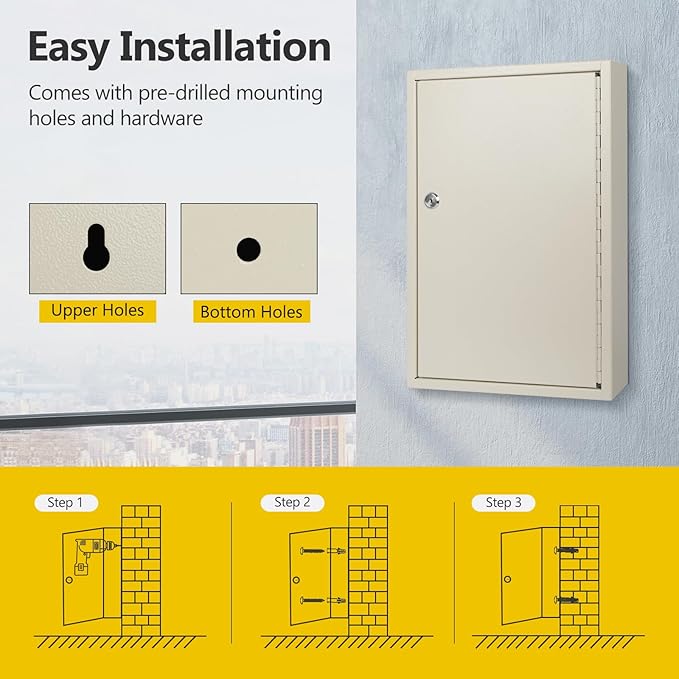 SHANTRA Key Box Cabinet, Wall Mount 64 Position Metal Locking Key Cabinet Organizer - Key Storage Box with Key Tags, Adjustable Lockbox for Keys, Secure Holder for Home, Hotels, and Valets - White