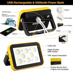 Rechargeable Flood Light with Tripod Hole, Portable COB Work Light Battery Operated, LED Work Lights Waterproof 180° Rotate for Job Site Garage Camping Car Repair, Gifts for Men