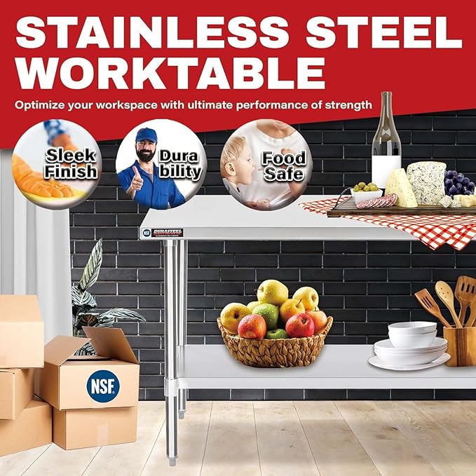 DuraSteel 24x60 Stainless Steel Work Table - NSF Commercial Prep Metal Table - Outdoor Pizza Oven Stand w/Under Shelf - Kitchen Island Laundry Utility Garage Microwave Stand Large Rolling Storage Cart