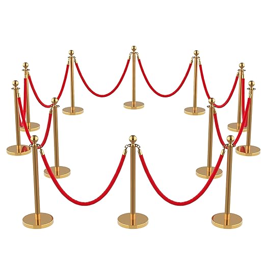 12Pcs Stainless Steel Stanchion Posts with 5ft Red Velvet Ropes - Crowd Control Barriers & Queue Line Kit with 26ft Red Carpet for Wedding, Party, Theater Supplies