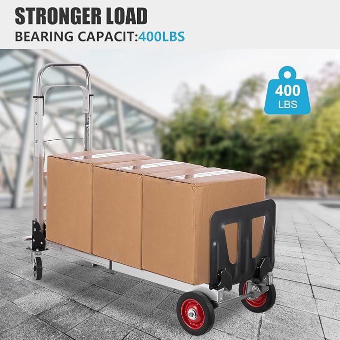 2 in 1 Aluminium Hand Truck Dolly 450lbs Capacity, Heavy Duty Convertible Hand Truck W/Pneumatic Wheels, Foldable Dolly Cart Collapsible for Moving with Retractable Handle