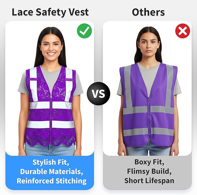 Lace-Mesh Safety Vest for Women & Men - Breathable, High Visibility Vest with Zipper & ANSI Class 2 Reflective Strips