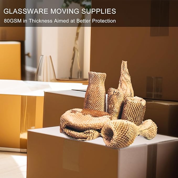 Packing Dishes Recyclable Packing Material for Moving Glassware Eco Friendly Moving Paper Sheets Bubble Cushion Wrap for Packing 80GSM Honeycomb Paper Roll with Fragile Stickers 15"x100'