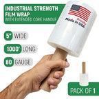 5" x 1000' Industrial Strength Clear Stretch Wrap with Extended Core Handle, Ready to Use Pack of 1 Stretch Film Mini Roll, 80 Gauge Thick, 500% Elongation - Shrink Wrap for Moving, Packing
