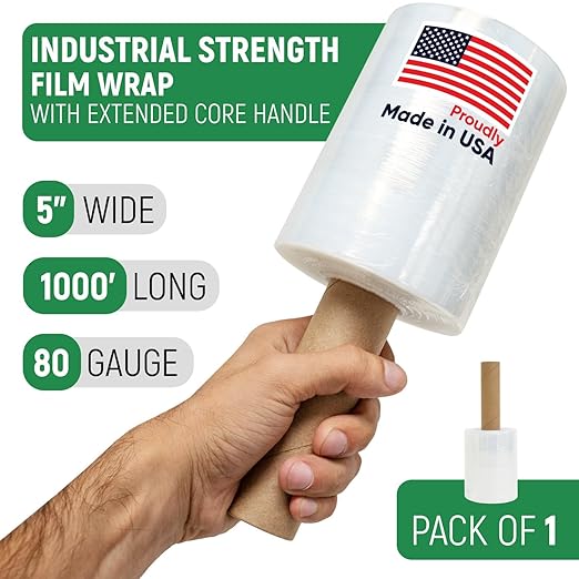 5" x 1000' Industrial Strength Clear Stretch Wrap with Extended Core Handle, Ready to Use Pack of 1 Stretch Film Mini Roll, 80 Gauge Thick, 500% Elongation - Shrink Wrap for Moving, Packing