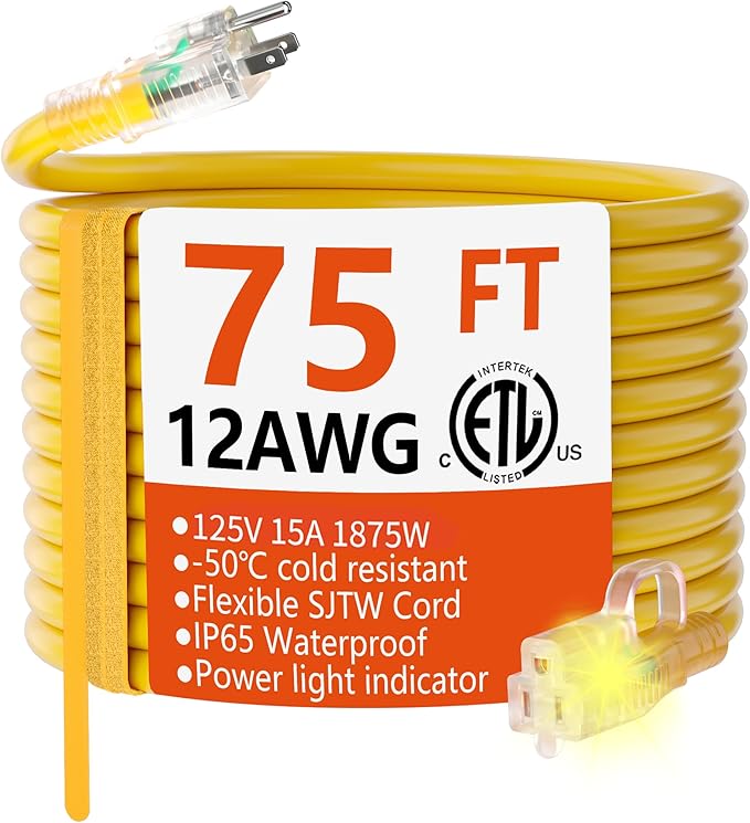 HUANCHAIN 12/3 Gauge Heavy Duty Outdoor Extension Cord 75 ft Waterproof with Lighted end, Flexible Cold-Resistant 3 Prong Electric Cord Outside, 15Amp 1875W 12AWG SJTW, Yellow, ETL