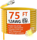 HUANCHAIN 12/3 Gauge Heavy Duty Outdoor Extension Cord 75 ft Waterproof with Lighted end, Flexible Cold-Resistant 3 Prong Electric Cord Outside, 15Amp 1875W 12AWG SJTW, Yellow, ETL