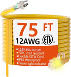 HUANCHAIN 12/3 Gauge Heavy Duty Outdoor Extension Cord 75 ft Waterproof with Lighted end, Flexible Cold-Resistant 3 Prong Electric Cord Outside, 15Amp 1875W 12AWG SJTW, Yellow, ETL