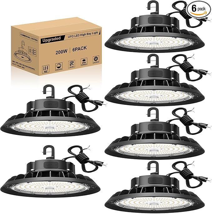 UFO LED High Bay Light 200W 6 Pack, High Bay LED Shop Light 30,000LM 0-10V Dimmable, 5' Cable with US Plug, Hanging Hook, Safe Rope, ETL Listed High Bay for Warehouse Factory Barn Shop