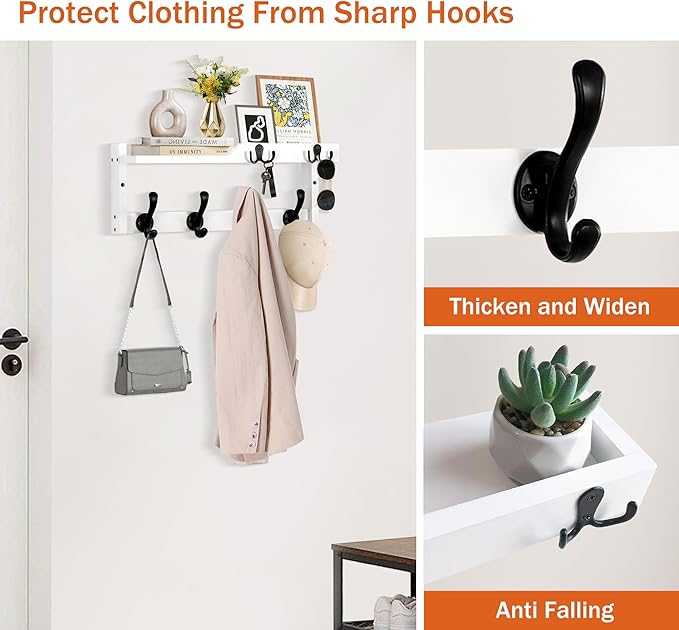 Coat Rack Wall Mount with Shelf, Coat Hanger Wall Mount with Key Hooks and Mail Holder, Wood Entryway Floating Shelf with Hooks and Storage, Hat Rack for Wall Key Holder Mail Organizer