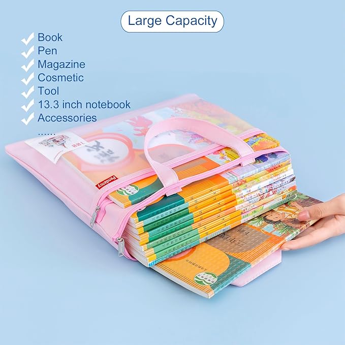 Pendancy Mesh Zipper Pouch 11x13.7 in, 2 pcs Large Double Pocket Waterproof File Bag with Handle, A4 Size Foldable Document Storage for Puzzle Project/Cross Stitch/Travel/Office（Green Pink）