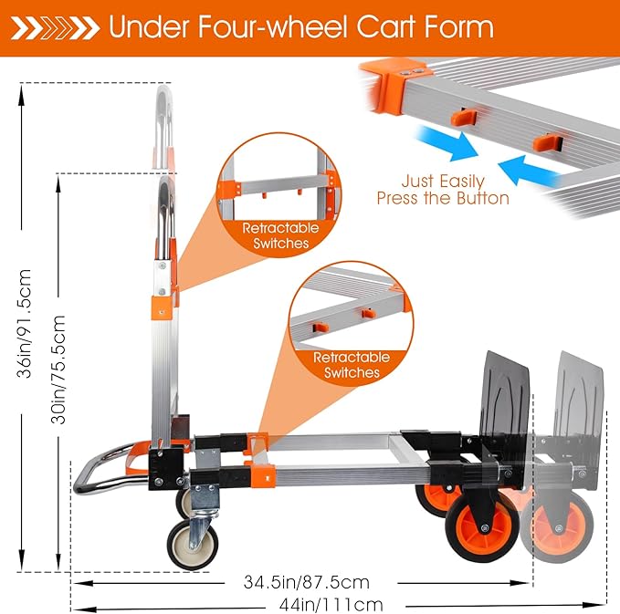 3 in 1 Folding Hand Truck Dolly Cart with Wheels, 660lbs Capacity Foldable Utility Cart Aluminum Trolley Cart Convertible Dolly for Moving Furniture Shopping for Garden Home Office Warehouse