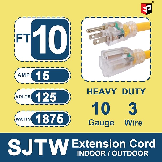 EP 10 Ft Lighted Outdoor Extension Cord - 10/3 SJTW Heavy Duty Yellow Extension Cable with 3 Prong Grounded Plug for Safety, ETL Listed
