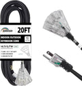 3-Outlets Indoor Outdoor Extension Cord Weatherproof with Lighted End, UL Listed, 14 Gauge 20FT Black 3 Prong Heavy Duty, 14/3 SJTW 15A Power Cord
