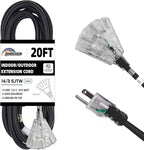 3-Outlets Indoor Outdoor Extension Cord Weatherproof with Lighted End, UL Listed, 14 Gauge 20FT Black 3 Prong Heavy Duty, 14/3 SJTW 15A Power Cord