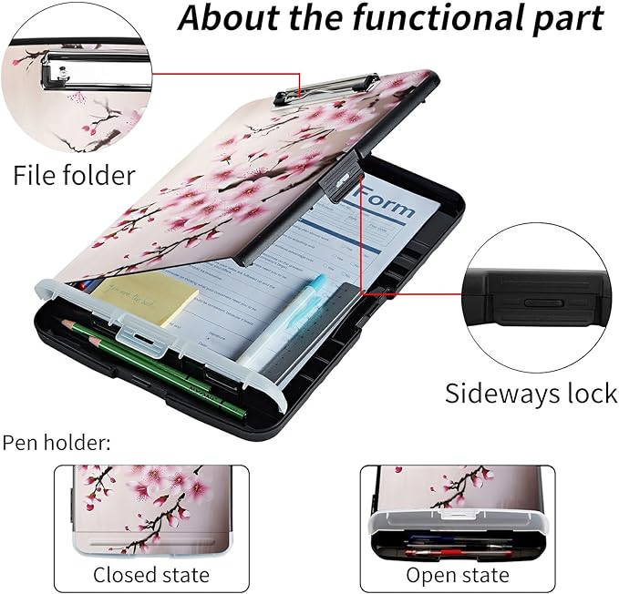 File Clipboard Storage with Pen Holder High Capacity Plastic Nursing Clipboards File Folder Storage Box Clipboard with Heavy Duty Clips for Teacher,Doctor,Offices-Cherry Blossom