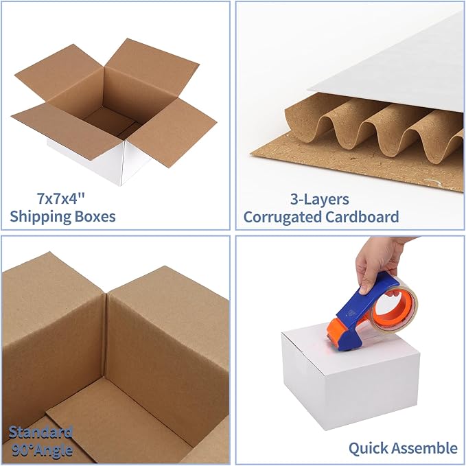 Hoikwo 7x7x4 (external dimensions) Small Shipping Boxes Set of 25, White Corrugated Cardboard Box for Small Business for Packaging Mailing