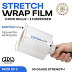 IDL Packaging 5" x 1000' Stretch Wrap Mini Roll of 80 Gauge (Pack of 2 Rolls) with Plastic Reusable Handle - Extra Sticky Clear Stretch Wrap Film - Tear-Resistant Plastic Wrap for Moving