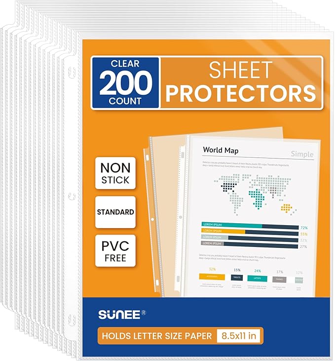 SUNEE Sheet Protectors 200 Packs for 3 Ring Binder, PVC-Free Clear Page Protectors 8.5x11 Inches Plastic Cover for Paper, Documents, Photos, Top Loading Binder Sleeves Letter Size