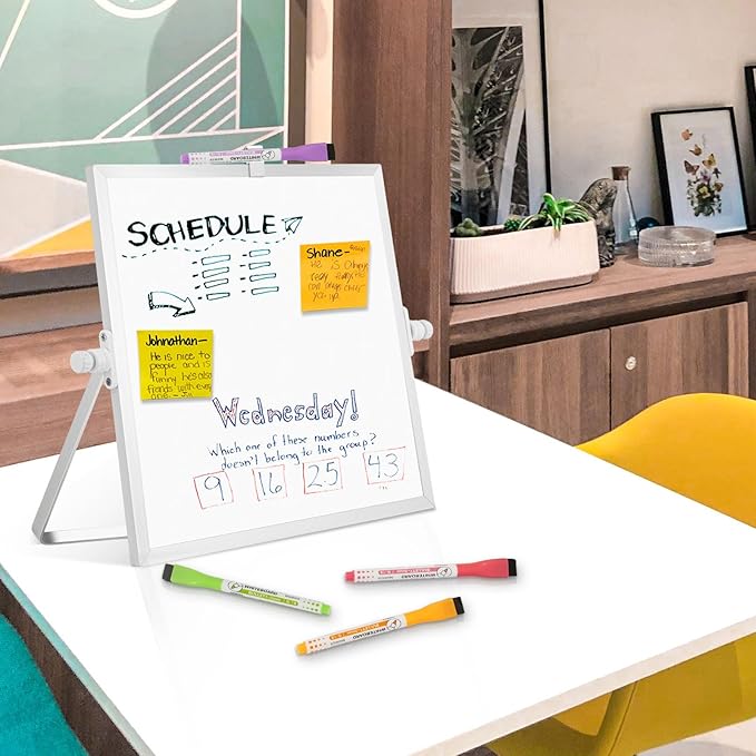 Dry Erase Magnetic White Board, 10" x 10" Double-Sided Desktop Whiteboard with Stand, Portable Small Whiteboard Set for Drawing, Office, Home, School