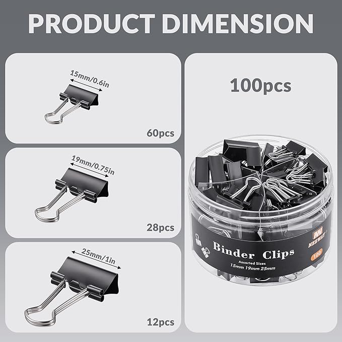 NEEWAY 100 Count Binder Clips Assorted Sizes, Paper Binder Clips (0.6inch 0.75inch 1inch), Metal Paper Clamps for Office and Home, Black