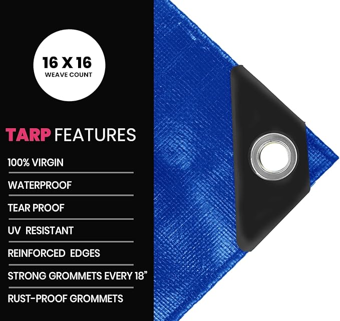 PROTARP Extreme Heavy Duty 22 Mil Tarp Cover, Waterproof, UV Resistant, Rip and Tear Proof, Poly Tarpaulin with Reinforced Edges for Roof, Camping, Patio, Pool, Boat. (Blue 20′ X 35′)