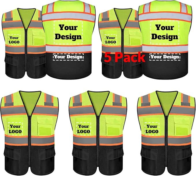 Safety Vest Customize Logo with 5 Pockets & Zipper Reflective High Visibility Vest Class 2 Outdoor Workwear