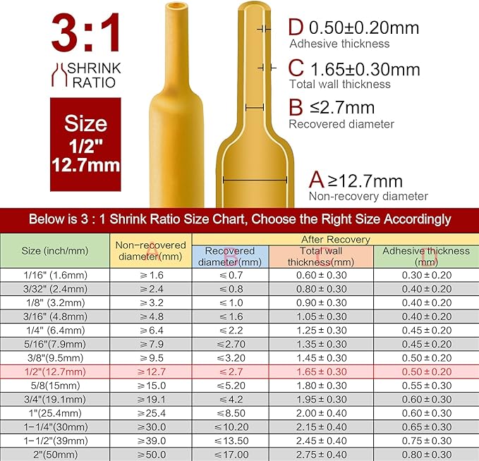 Chanzon 3:1 Ratio - 80ft Roll - Heat Shrink Tubing 1/2" (12.7mm) - Marine Grade Waterproof Adhesive Lined - (25M Total Length) Yellow Polyolefin Sleeving Wrap Shrinking 3 to 1 Ratio 1pcs