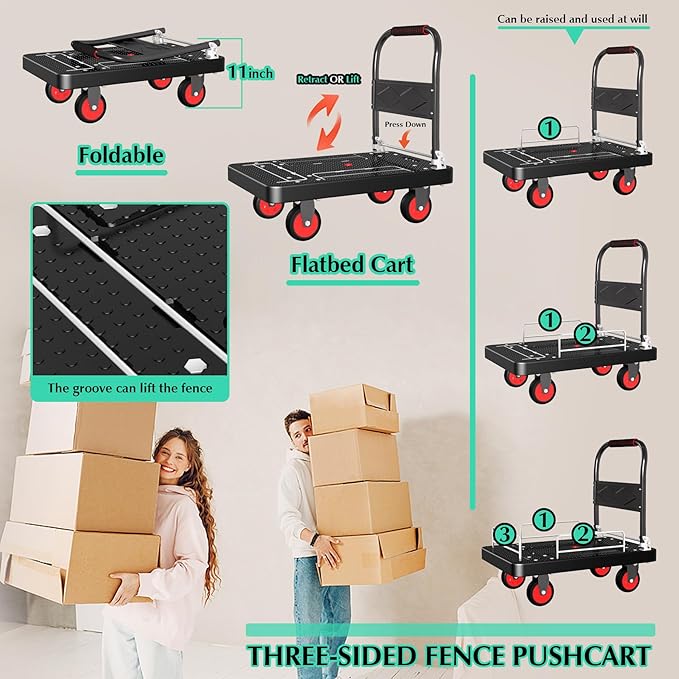 Platform Truck Cart with 3 Fence, 28"x19" Flatbed, 1100lbs Capacity Heavy-Duty Foldable Push Dolly Cart with Swivel Wheels, Foldable & Portable for Groceries, Garage,Home,Office Use, Black