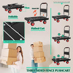 Platform Truck Cart with 3 Fence, 28"x19" Flatbed, 1100lbs Capacity Heavy-Duty Foldable Push Dolly Cart with Swivel Wheels, Foldable & Portable for Groceries, Garage,Home,Office Use, Black