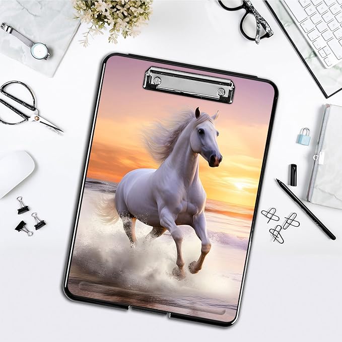 Clipboard with Storage,Office Supplies Nursing Clipboards Folder with Pen Holder Plastic Foldable Clip Board with Storage for Nurse Teacher,Sunset Horse