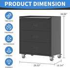 Metal Storage Cabinet with Wheels, Garage Storage Cabinet with 3 Drawers, Rolling Tool Cabinet, Assembly Required, Black