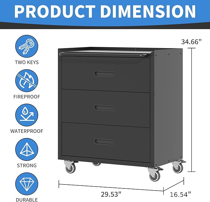 Metal Storage Cabinet with Wheels, Garage Storage Cabinet with 3 Drawers, Rolling Tool Cabinet, Assembly Required, Black