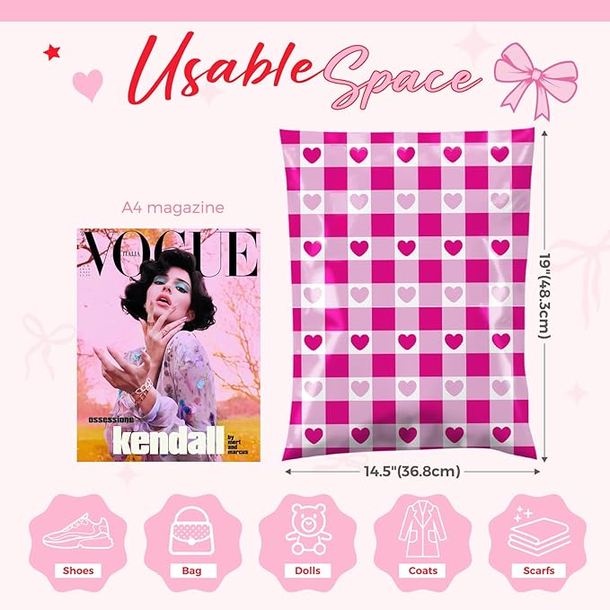 Metronic Poly Mailers 14.5x19 Inch 50pc Shipping Bags for Clothes,Self Adhesive Shipping Envelopes for Small Business,Waterproof Mailers Poly Bags for Shipping,Packaging Mailing Bags Pink Checkered