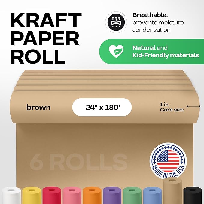 Brown Kraft Paper Roll 24" x 2160" (180 feet), Pack of 6 - USA-Made Brown Packing Paper 30lb Thickness for Moving, Shipping, Crafts/Arts - 100% Recycled Natural Wrapping Material by IDL Packaging