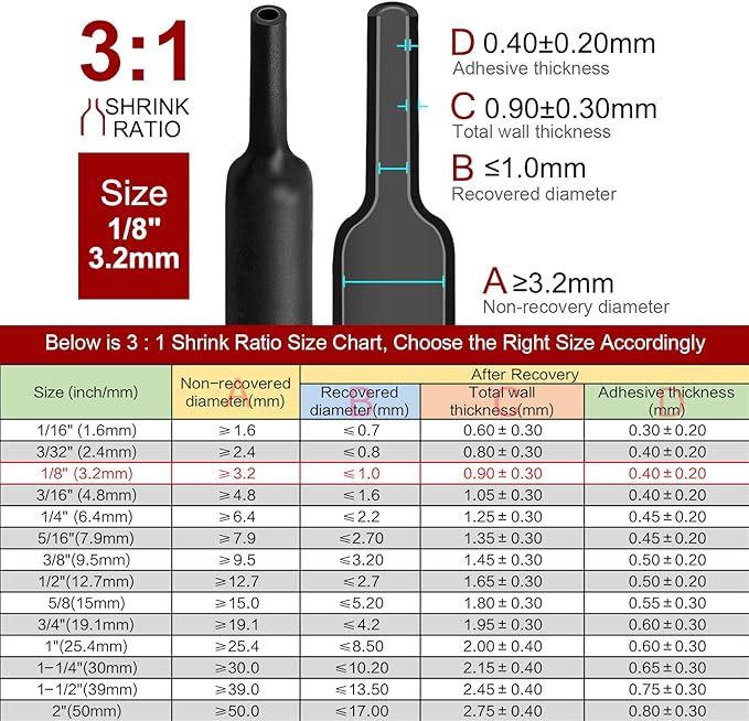 Chanzon 3:1 Ratio - 80ft Roll - Heat Shrink Tubing 1/8" (3.2mm) - Marine Grade Waterproof Adhesive Lined - (25M Total Length) Black Polyolefin Sleeving Wrap Shrinking 3 to 1 Ratio 1pcs